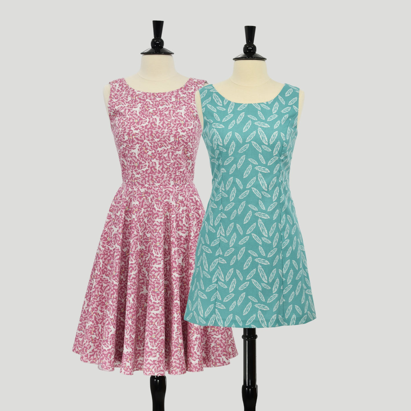 Elderberry tea dress and Gilia scooter dress on dress forms