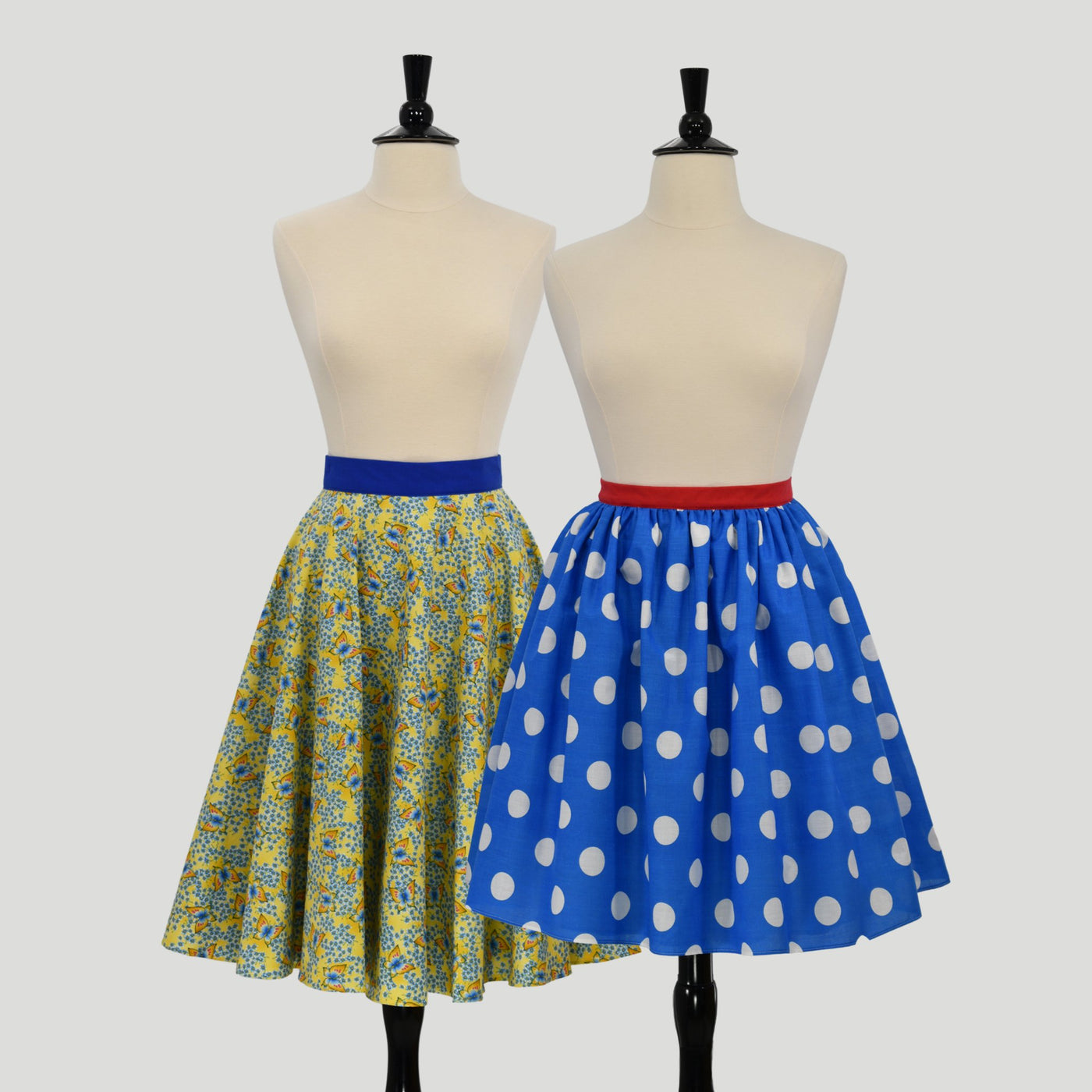 Hyssop circle skirt pinup skirt midi skirt PricklyPoppy gathered skirt on dress forms